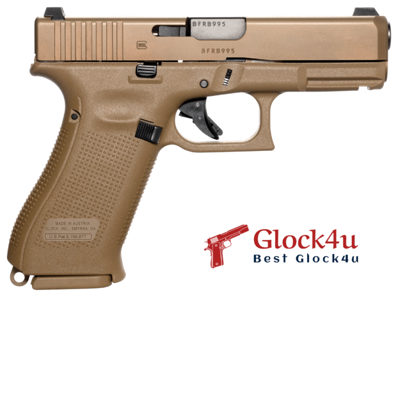 Glock 19 Gen5 9mm pistol with a threaded barrel, side profile view