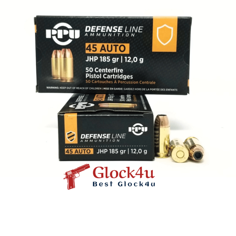 45 ACP 185-grain JHP ammunition, jacketed hollow point rounds designed for self-defense with controlled expansion and stopping power.